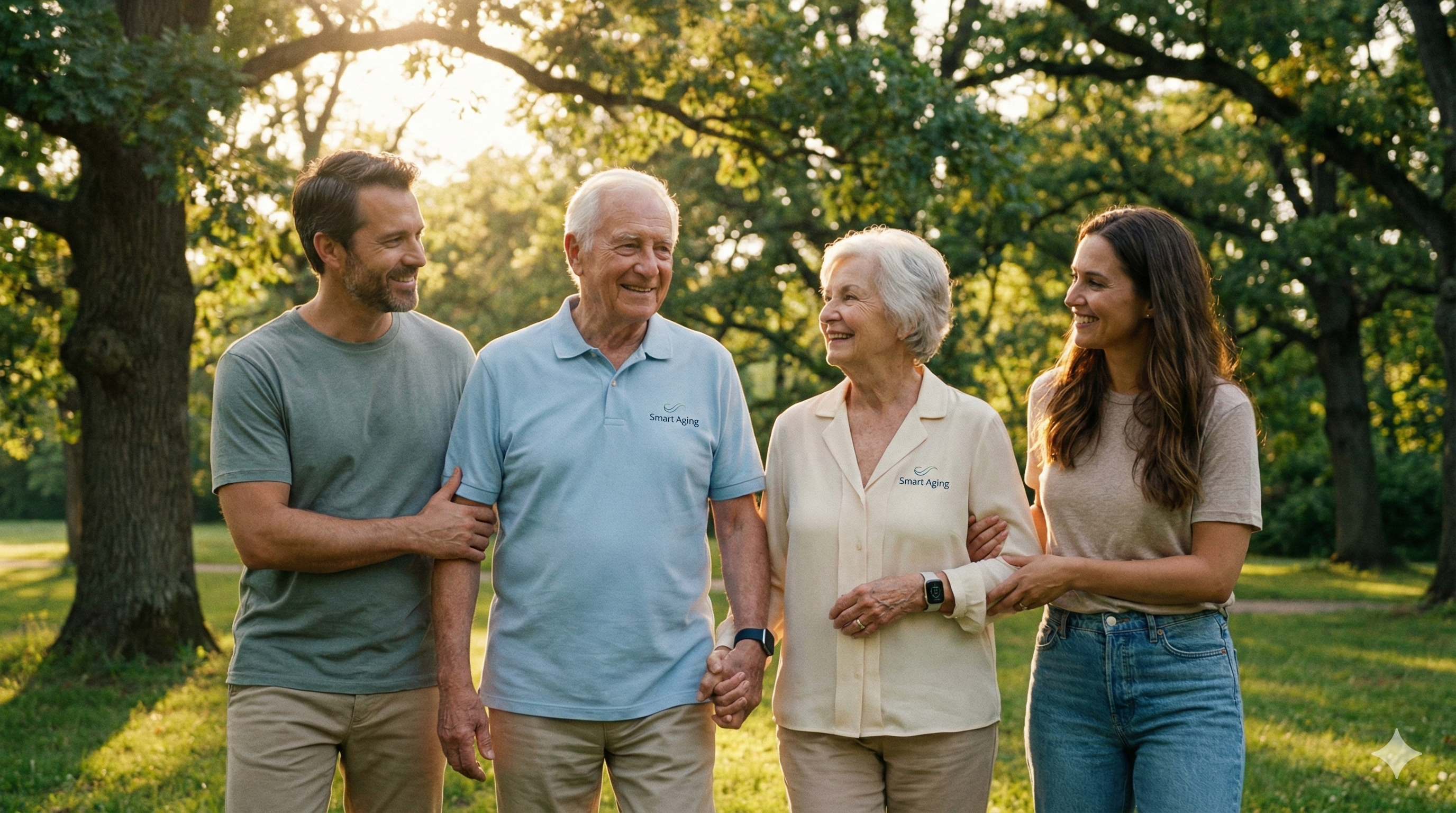 Happy seniors walking in the park with their family, wearing smartwatches